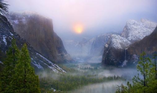 优胜美地国家公园，自然，公园，美国，冬天，森林，瀑布，早晨，雾，天空，太阳