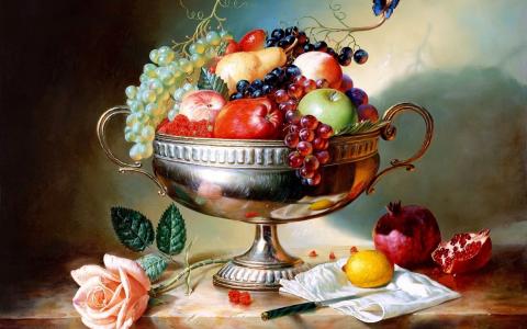 苹果，花瓶，水果，石榴，葡萄