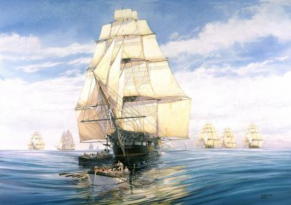 绘画，绘画，海洋，帆船，船舶，船员，船，天空