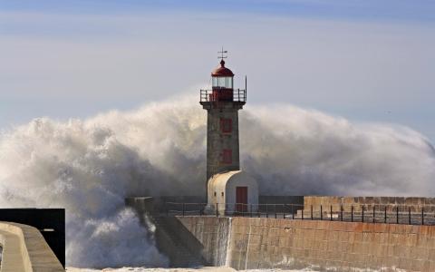 波，风暴，海洋，灯塔，防波堤，板凳，度，天空