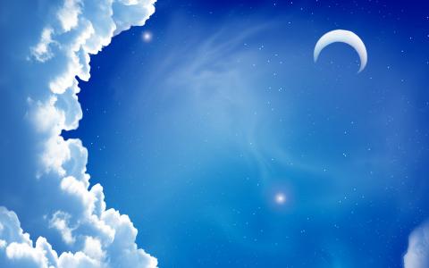 极简主义，晚上，天空，月亮，月，云，云，明星，星星