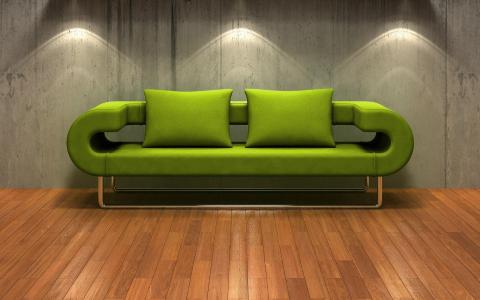 3d，沙发，绿色，镶木地板，墙上，背光