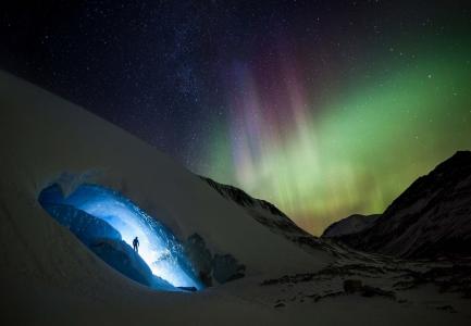 冬天，山脉，夜晚，冰川，冰，北极光