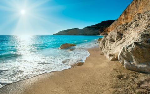 海，海岸，岩石，沙，太阳，希腊