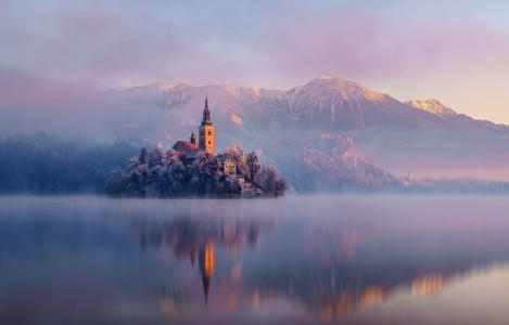 苍白，湖，自然，山，冬季，斯洛文尼亚，岛，寺庙，教堂，美丽，反思