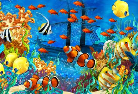 3D，鱼，艺术，工作，绘画，在水之下，photoshop，气泡，沉没，旗鱼，鱼，珊瑚，美丽，3D