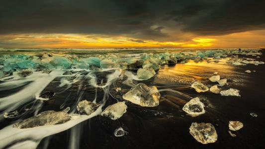 海，冰块，海岸，冰岛，钻石海滩，Pawel Kucharski