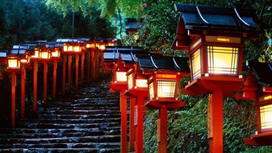 日本，灯笼，台阶，楼梯，绿化，晚上，美丽