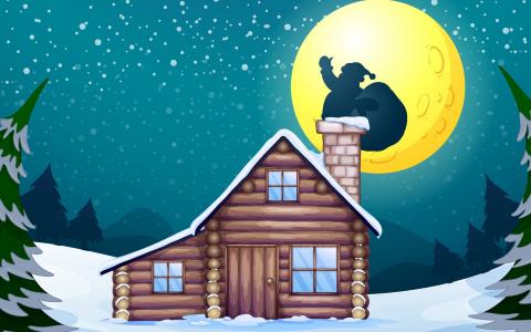 新的一年，房子，圣诞老人，月亮