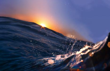 照片，海洋，波，飞溅，下降，宏，天空，太阳，日落，水