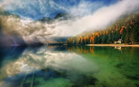 秋天，湖，山，自然，雾