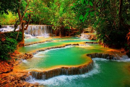 瀑布，老挝，瀑布，森林，树木，岩石