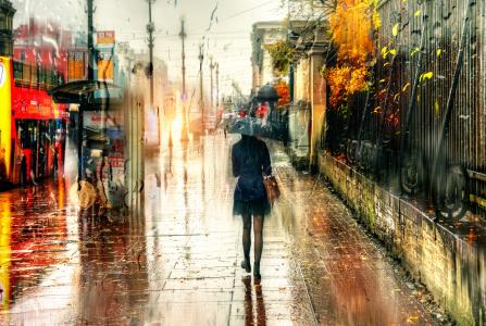 城市，雨伞，女孩，雨，滴
