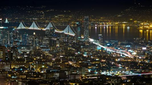 旧金山，城市，夜晚，桥，河，灯