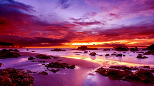 日落，海洋，紫色，水，天空