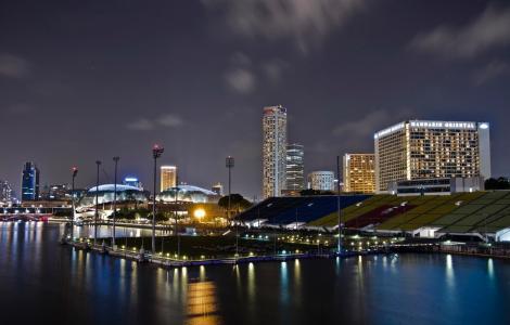 新加坡，城市，夜晚，建筑物，灯，照明，路堤，美女，水，天空，云