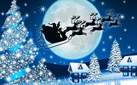 鹿，新的一年，圣诞老人，房子，树，月亮，夜