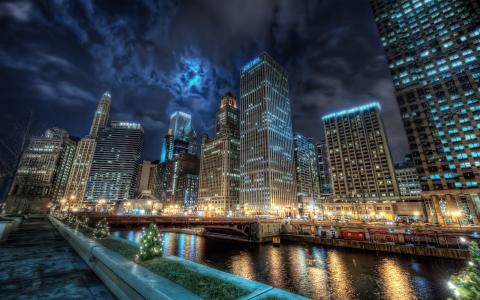 水，晚上，反射，灯，运河，芝加哥，芝加哥，城市
