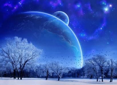 梦幻般的风景，夜晚，星球和天空中的伴侣，树木，雪