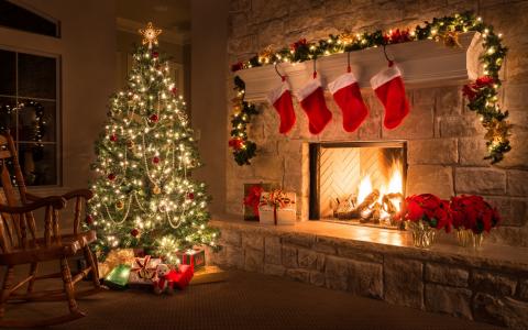 圣诞节，壁炉，装饰，新年，礼品，圣诞树