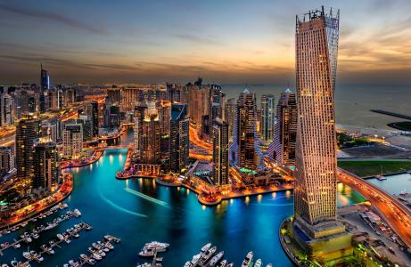 城市，迪拜，阿拉伯联合酋长国，城市，迪拜，阿联酋，度假村，晚上，日落