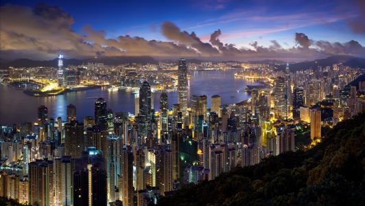 香港，晚上，云，城市，贡功，灯