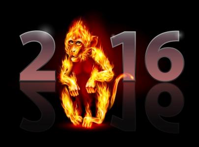 猴子，火热，新的一年，2016年，假期，反射，黑暗的背景