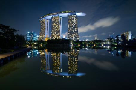 城市，新加坡，玛丽娜，湾，酒店，灯，晚上