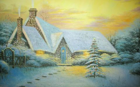 新年的图片，童话，房子，雪，树，灯