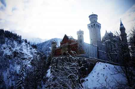 新天鹅堡，城堡，山，德国，冬天