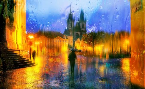 布拉格，捷克共和国，照片，雨