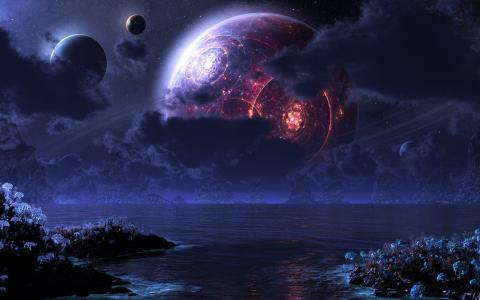 月亮，数字，晚上，星球，海，Phraxis月亮