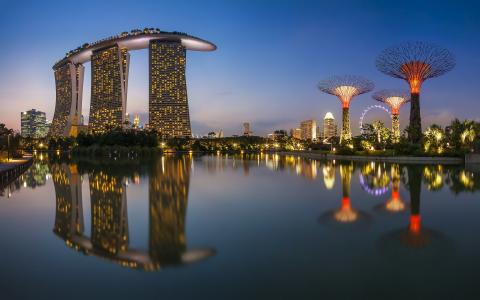 新加坡，城市，首都，照片，建筑物，河，卡朗，天空，晚上，反射