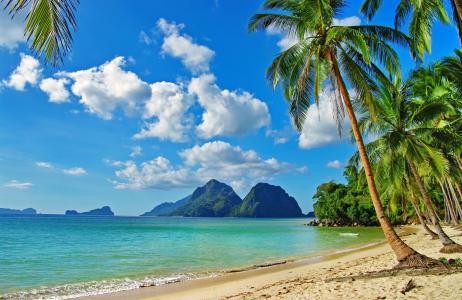 自然，山，海洋，海滩，热带，棕榈树，石头，天空，云，天堂，休息，度假村