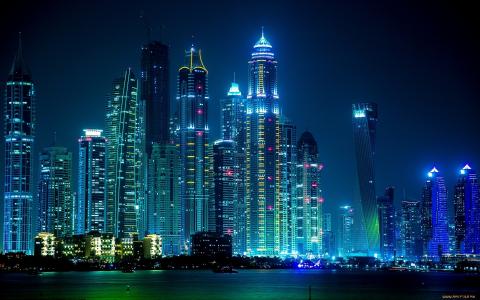 迪拜，城市，夜晚，灯光