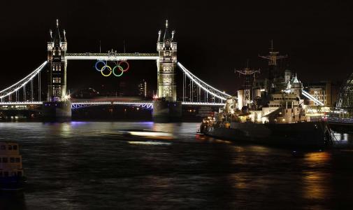 河，奥运五环，泰晤士河，塔桥，夜晚