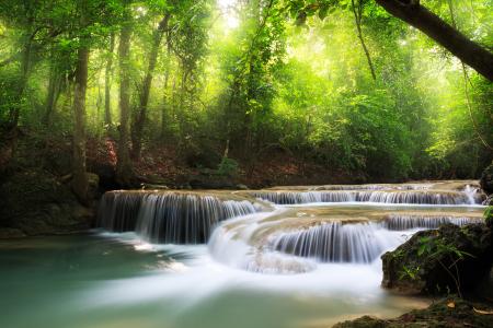 自然，河，森林，绿色，超级照片，瀑布