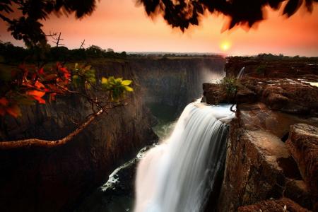 赞比亚，维多利亚瀑布，瀑布，日落，峡谷，美景