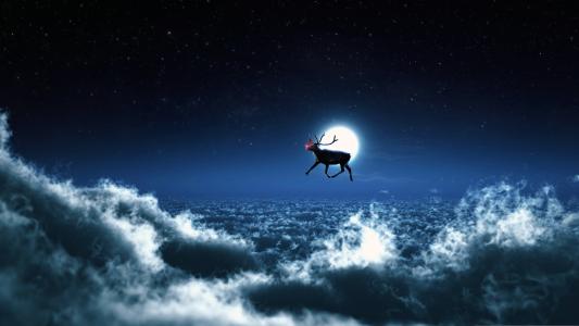 云，鹿，月亮，新的一年，晚上