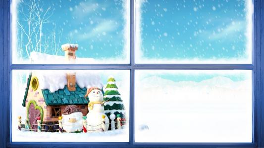 窗口，房子，毛皮树，玩具，新年，雪人