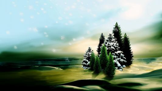 圣诞树，雪，背景