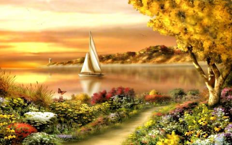 帆船，镜面光滑的表面，海湾，灯塔，鲜花，草，蝴蝶