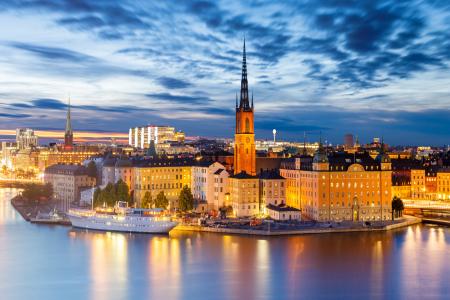 斯德哥尔摩，瑞典，房屋，塔，船，晚上，灯