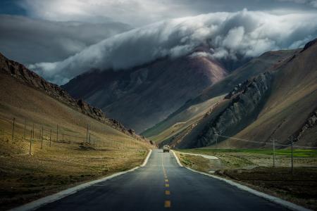 路，车，云，山，西藏，云