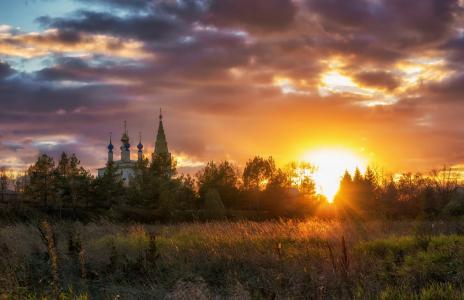晚上，字段，教堂，天空，云，太阳，日落，Dunilovo，通过Andrey Grachev