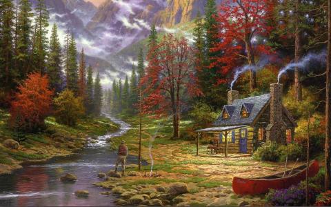 托马斯·金凯德，好生活，绘画，托马斯·金凯德，山，河，渔夫，火，森林，冷杉，房子，小屋，小屋，船，图片