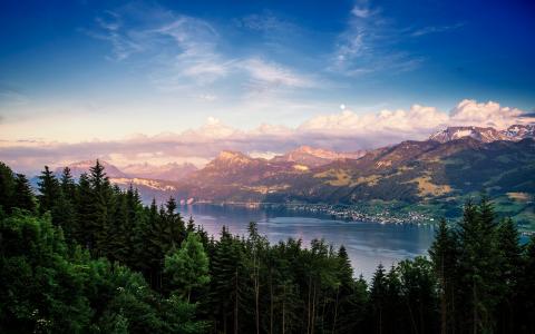 瑞士，景观，湖，森林，山，天空，阿德利斯维尔苏黎世湖，性质