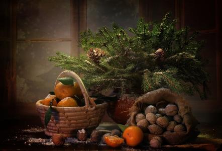假日，新年，圣诞节，花瓶，分支机构，云杉，毛皮树，袋，坚果，篮子，水果