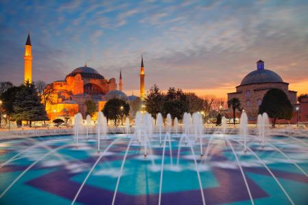 晚上，伊斯坦布尔，尖塔，土耳其，Atsya索非亚，圣索非亚大教堂，喷泉