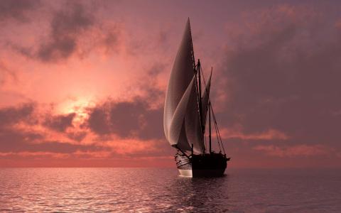 帆船，海，天空，晚上，日落